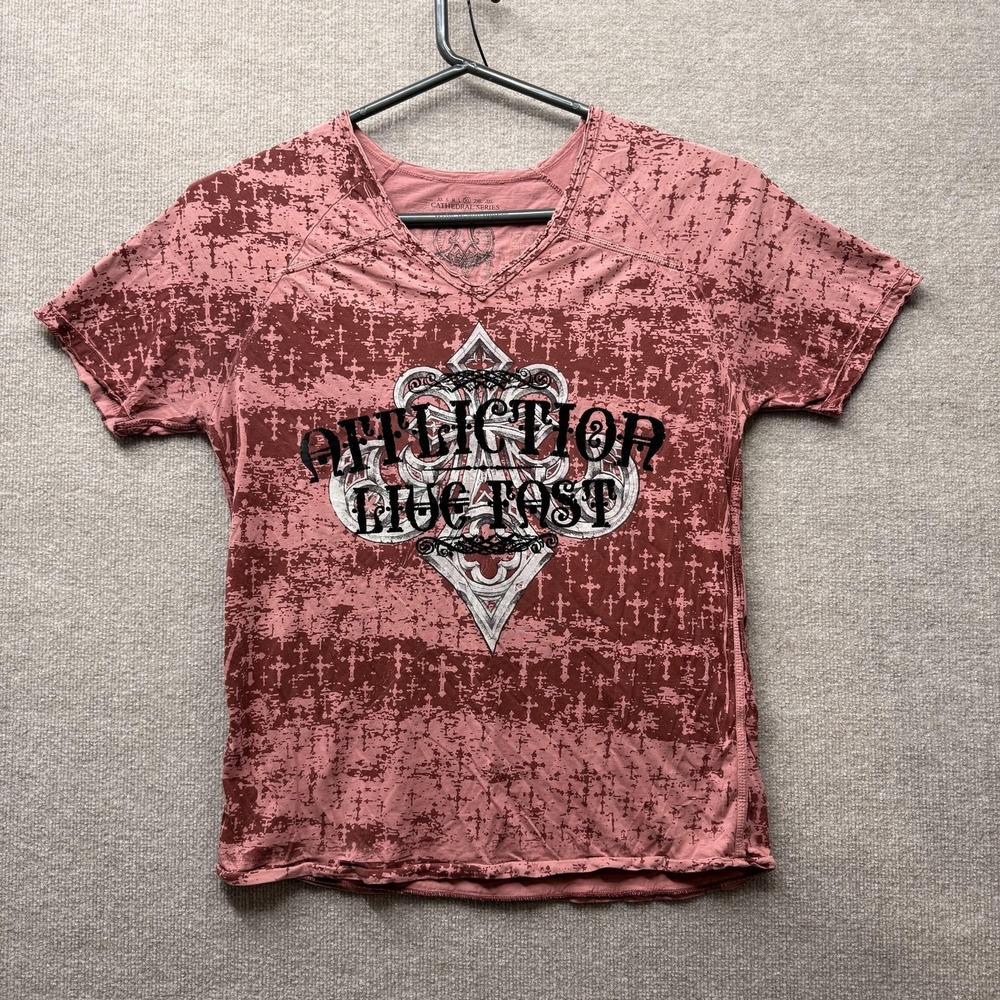 Affliction T Shirt Womens XL Pink Live Fast Cross Graphic V Neck Flocked